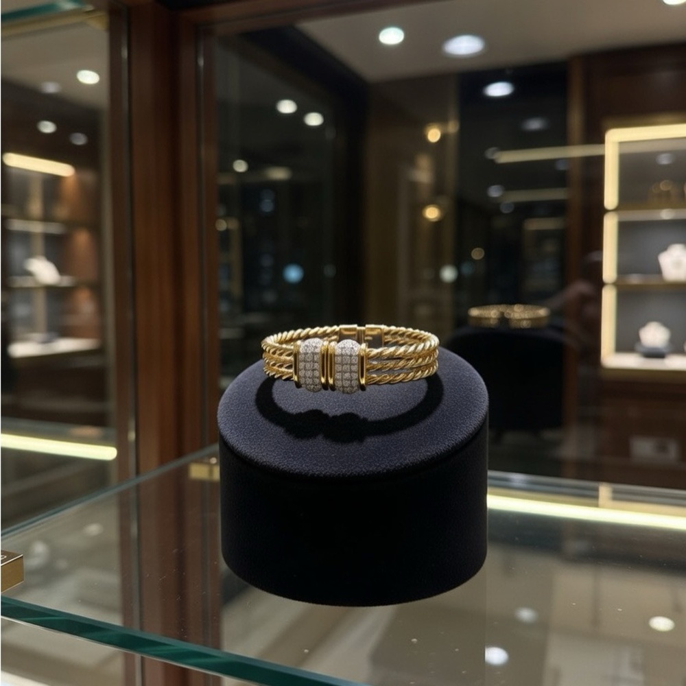 Vintage Gold Clamper Bracelet with Silver/Rhinestone Accents